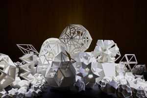 Study models of polyhedra from _Angela Su proudly presents: Lauren O—The Greatest Levitator in the Polyhedric Cosmos of Time_, M+, West Kowloon Cultural District, Hong Kong (9 June–8 October 2023). Courtesy Angela Su and the archives of Lauren O. Photo: Dan Leung, M+, Hong Kong.